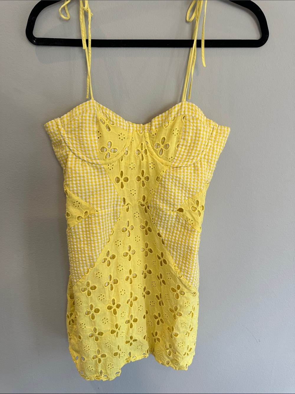 Yellow Eyelet Gingham Mini Dress with Tie Straps